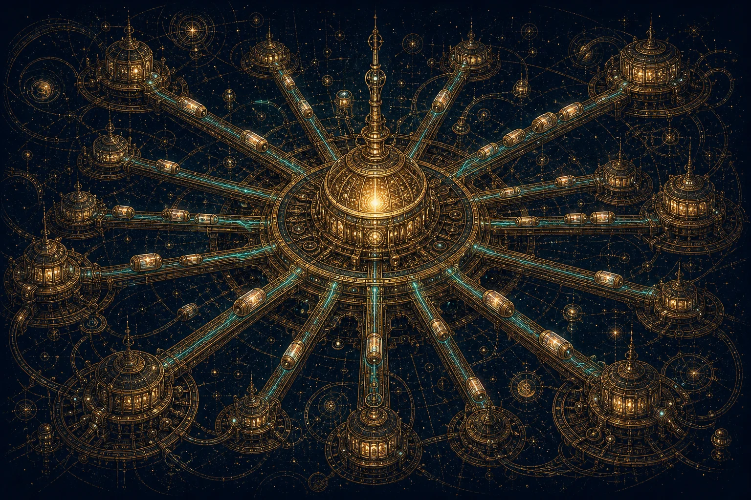 The Bureau's orchestration topology drawn as a gilded observatory: a bright central hub with spokes radiating to a ring of satellite stations, gold filigree and cyan filaments on midnight navy
