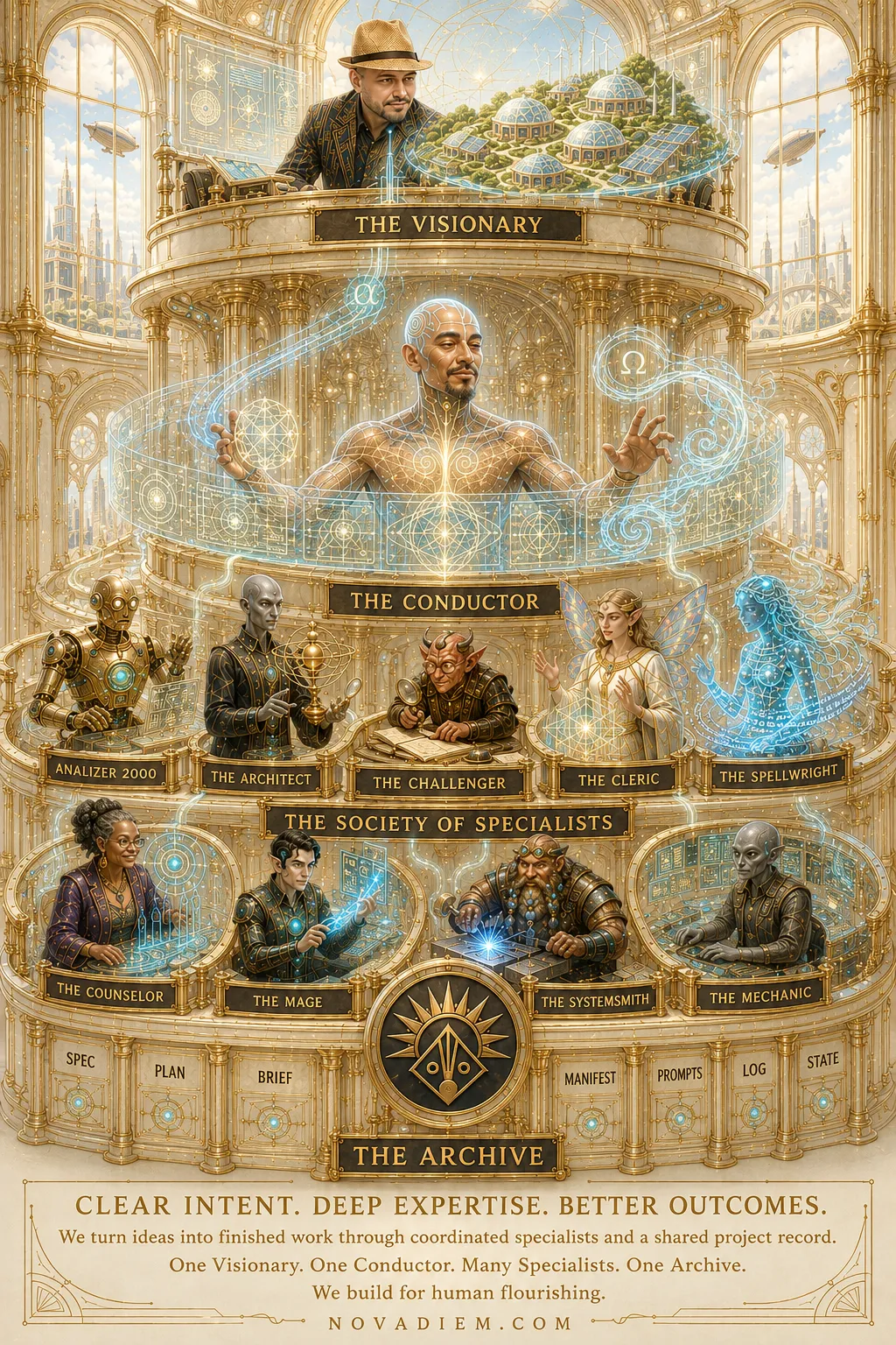 The Engine — light parchment variant of the flagship vertical poster.