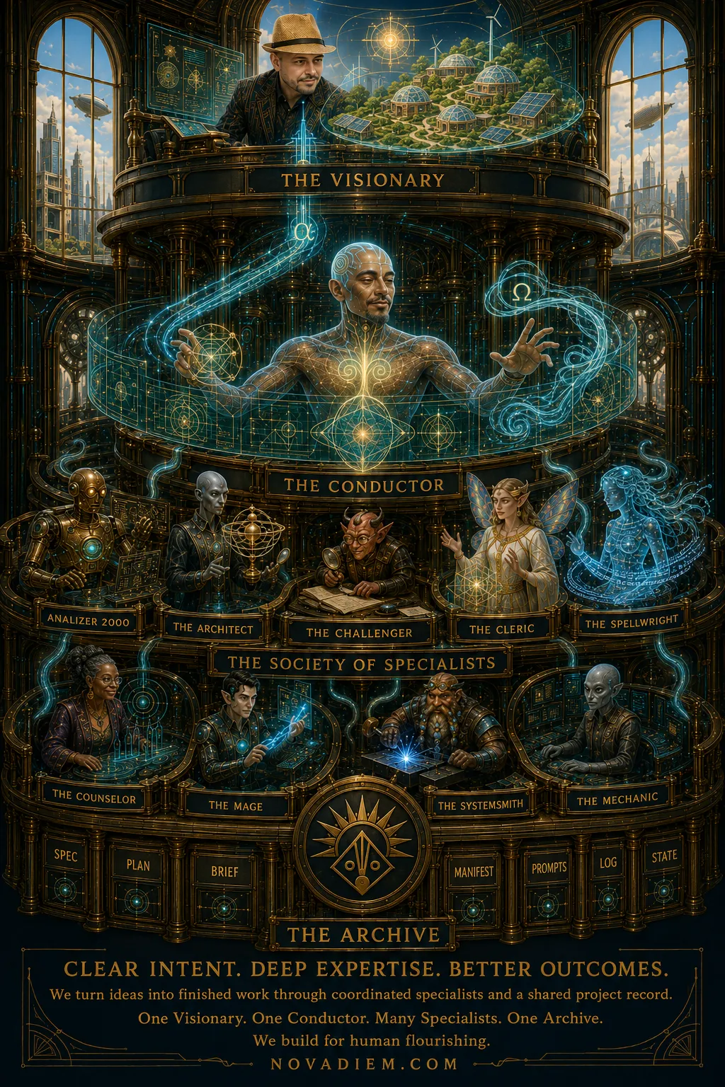 The Engine — the great engine of creation; vertical flagship poster of the Society rendered at monumental scale.
