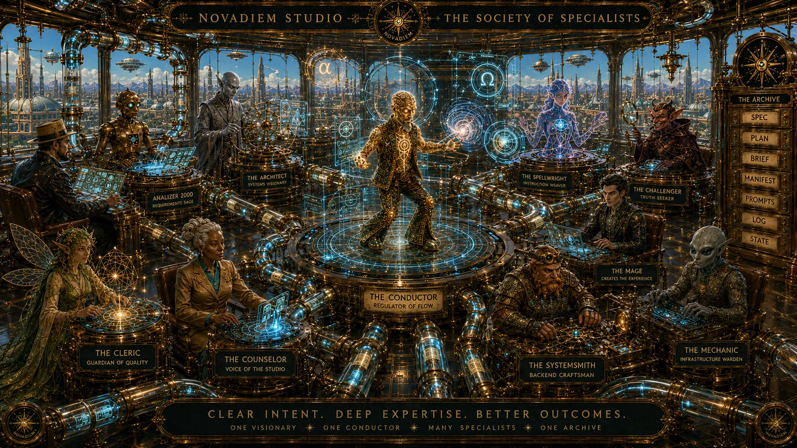 The Society of Specialists — TVA ducting hall, the Conductor as a golden orchestrating figure at the central dais.