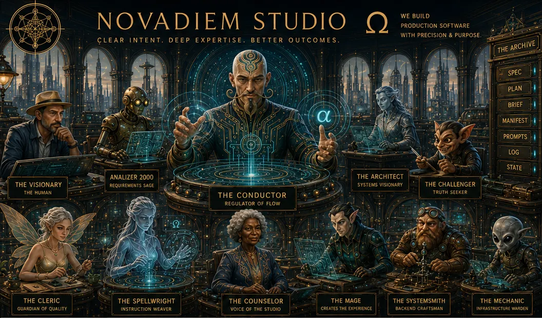 The Society of Specialists — dark two-row ensemble grid with the Conductor at the centre.
