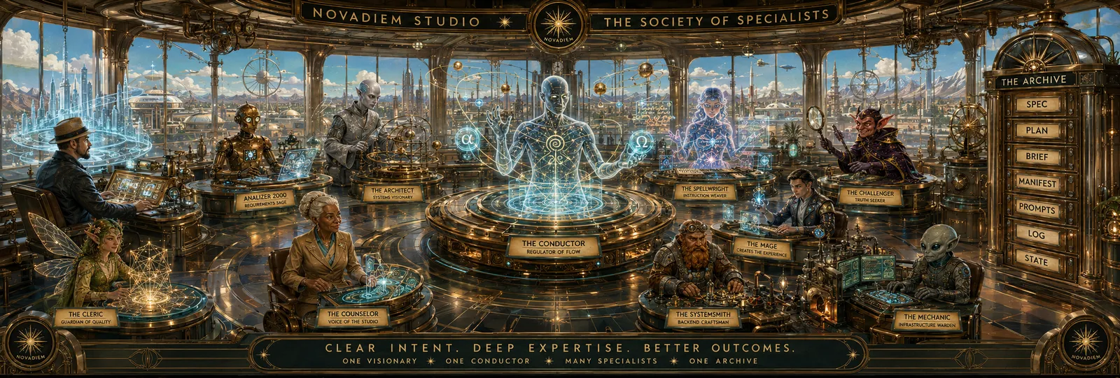 The Society of Specialists — wide panoramic rotunda with the Conductor as a translucent figure at the centre.