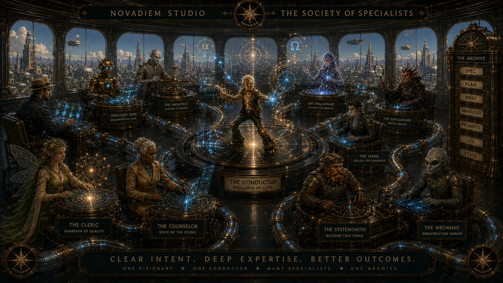 The Society of Specialists at work in the studio — the Conductor orchestrating flow at the central dais, ten specialists at their stations, the Archive cabinet, World's Fair city beyond the windows.