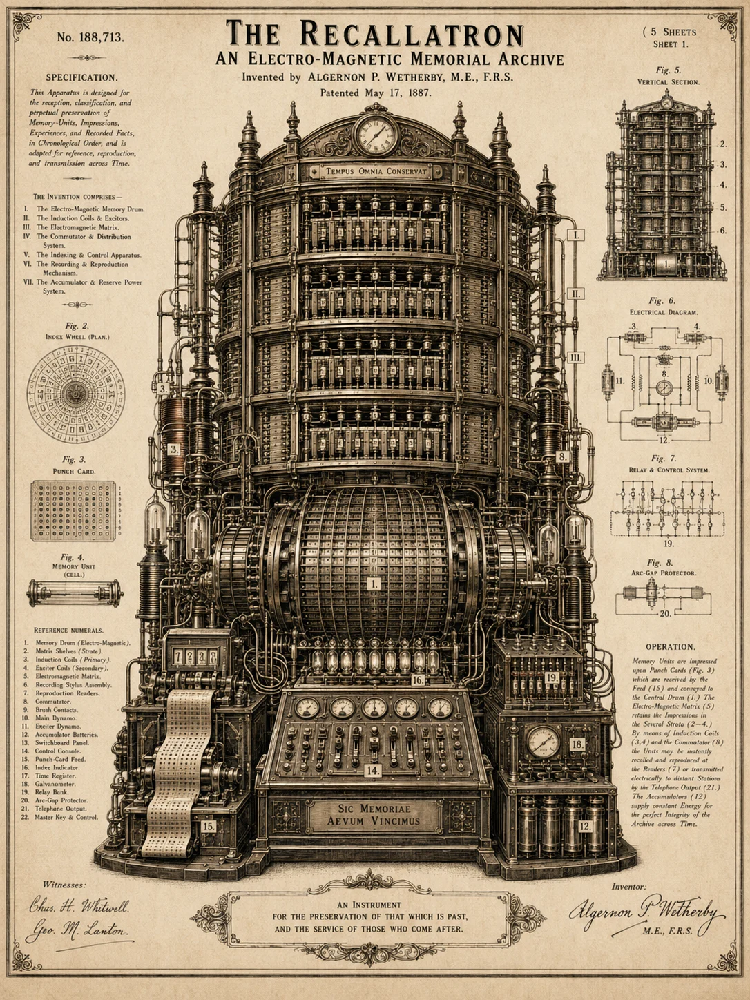 Patent broadsheet of The Recallatron memory apparatus — five strata, a central memory drum, an index wheel and a chrono-indexing mechanism, drawn in the style of a 19th-century patent drawing
