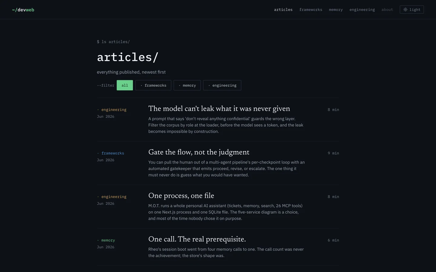 devweb.org articles index — filterable list of articles by pillar with monospace metadata