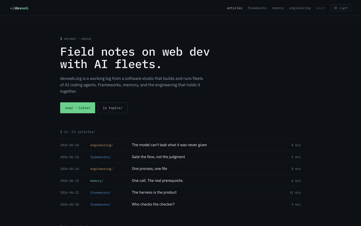 devweb.org home page — terminal-style hero with a shell-prompt latest-articles log and a topics tree