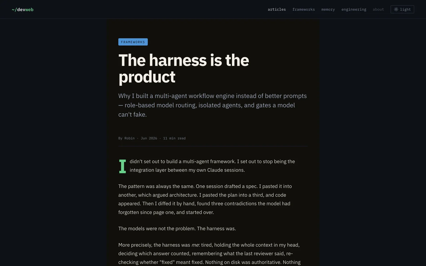 devweb.org article reading view — editorial long-form layout with kicker tag, drop cap and pull quote on the dark terminal theme