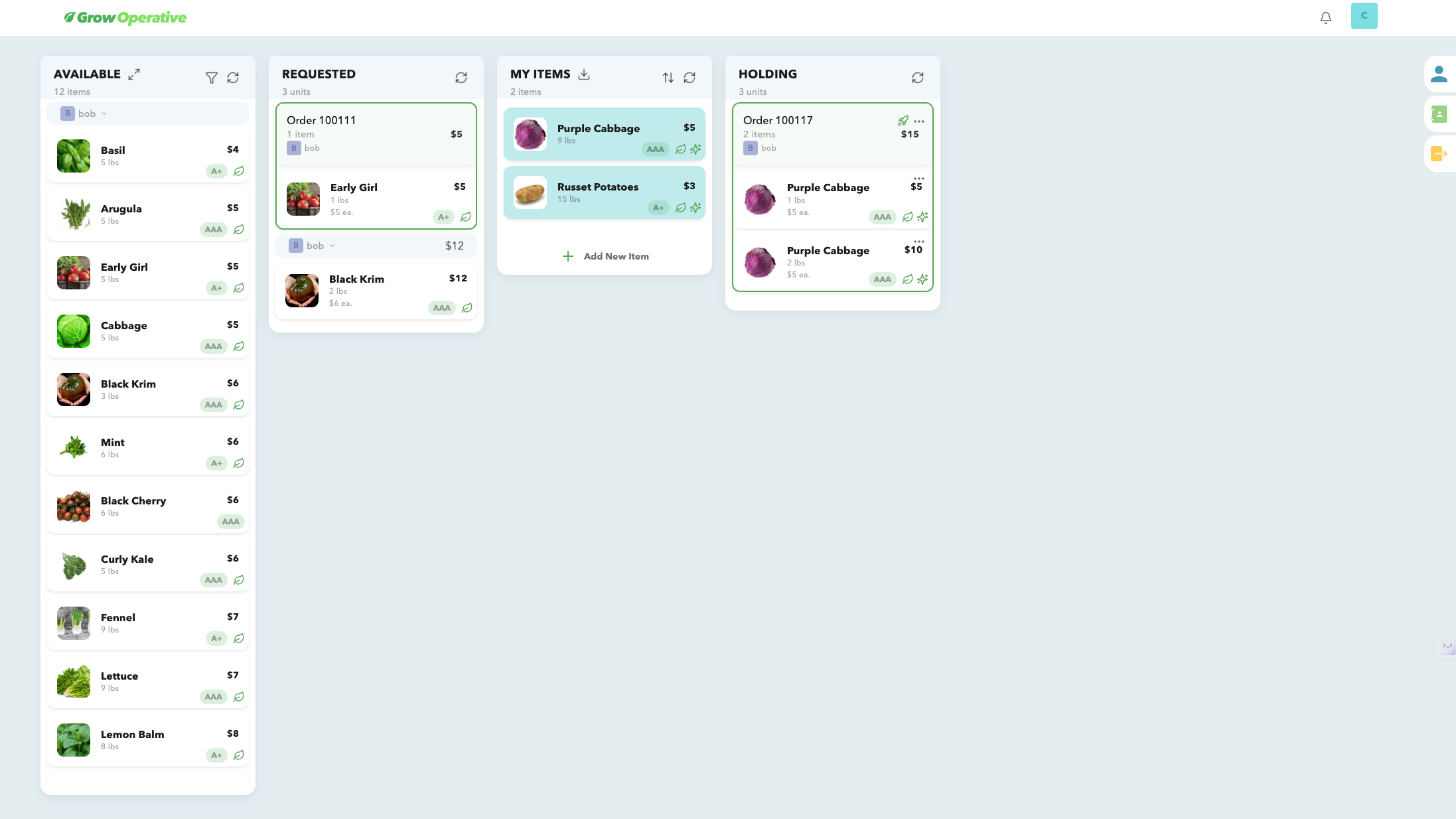 GrowOperative exchange dashboard showing available produce, orders, and holdings