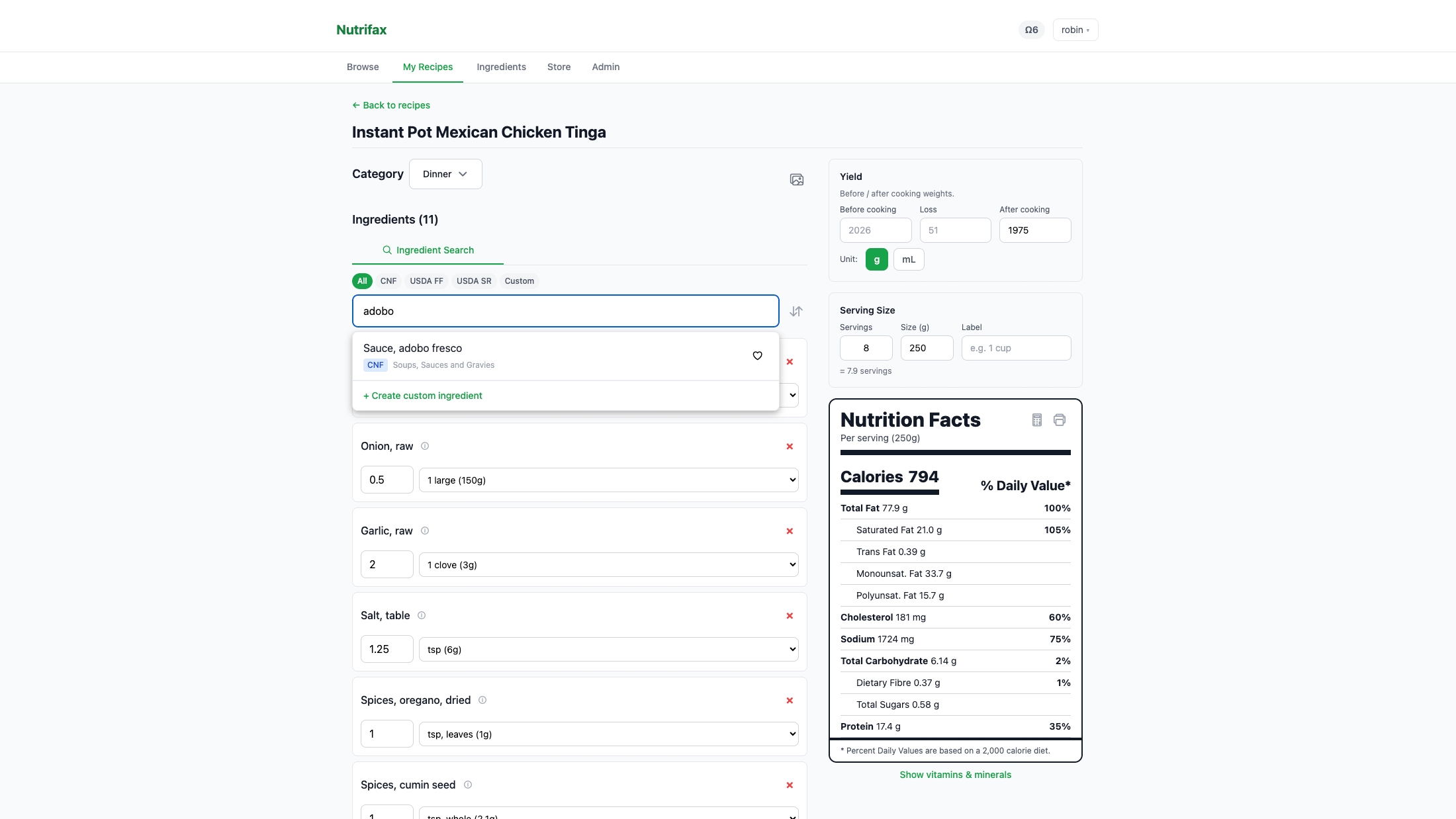 Nutrifax recipe builder with ingredient search and live nutrition facts panel
