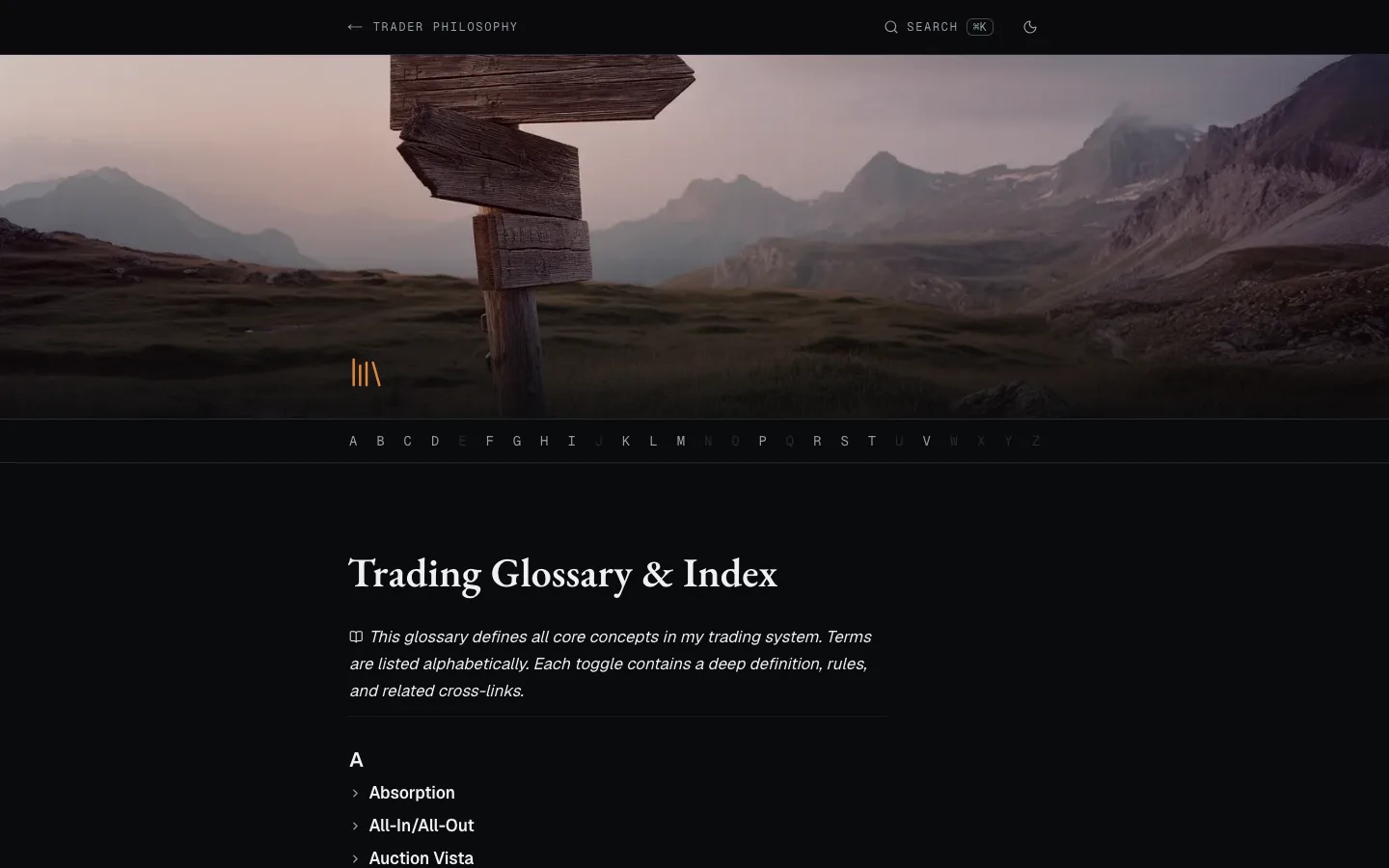 Trading glossary page: a signpost cover image, an A to Z letter strip with empty letters dimmed, and the first alphabetical terms