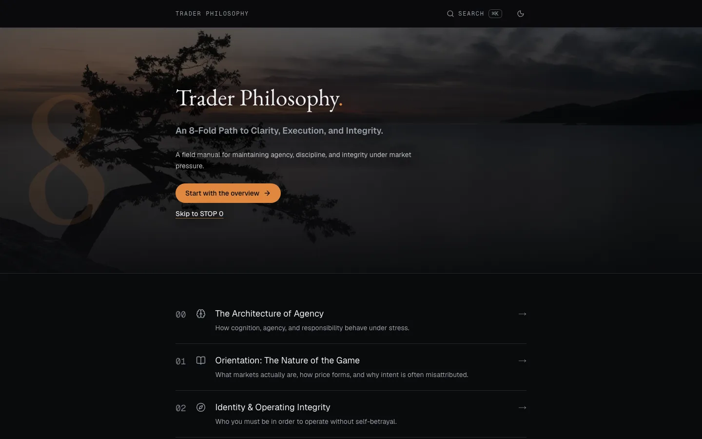 Trader Philosophy home page: an EB Garamond wordmark over a dusk landscape photo, an ember 'Start with the overview' button, and the numbered list of stops