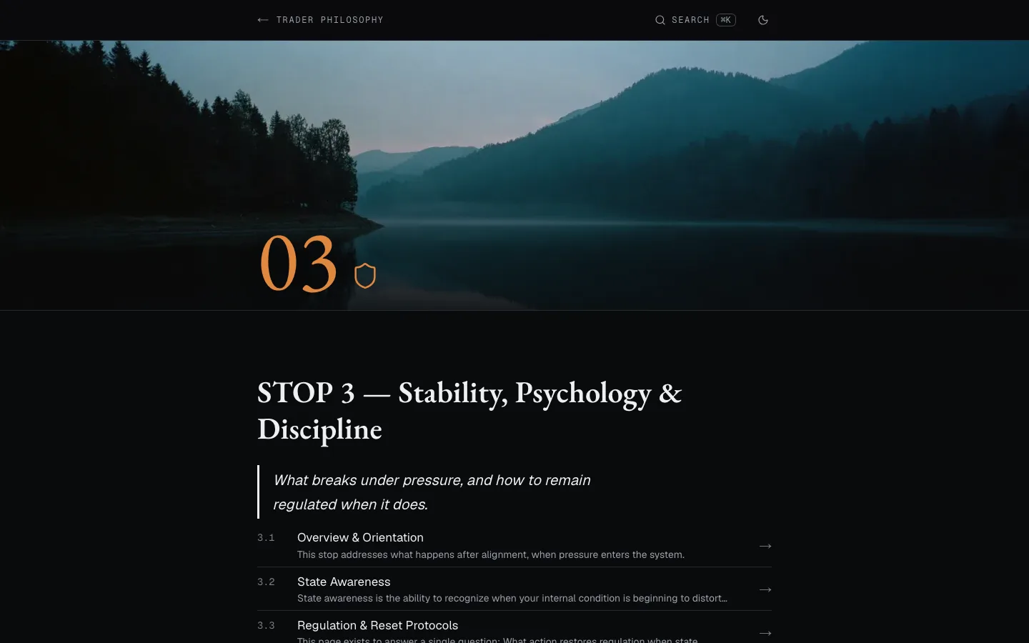 STOP 3 page: a large ember '03' numeral over a misty lake cover image, the stop's title and summary, and its numbered sub-pages 3.1 to 3.3