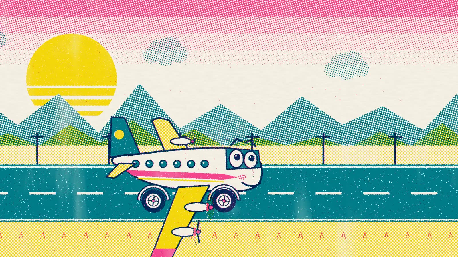 A cartoon plane with a face drives along a highway under a striped yellow sun, printed in pink, teal and yellow risograph inks.